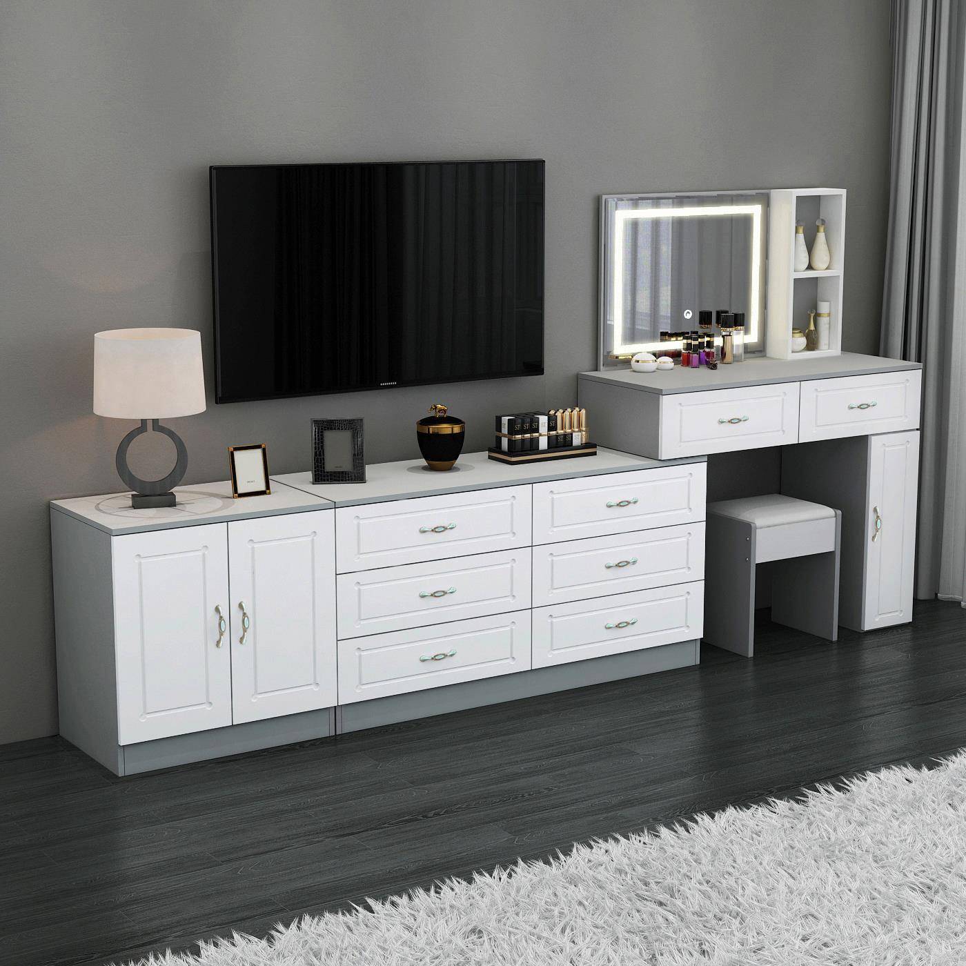N5梳妆台灰色简约经济型卧室客厅欧式电视柜伸缩带灯黑白化妆桌镜