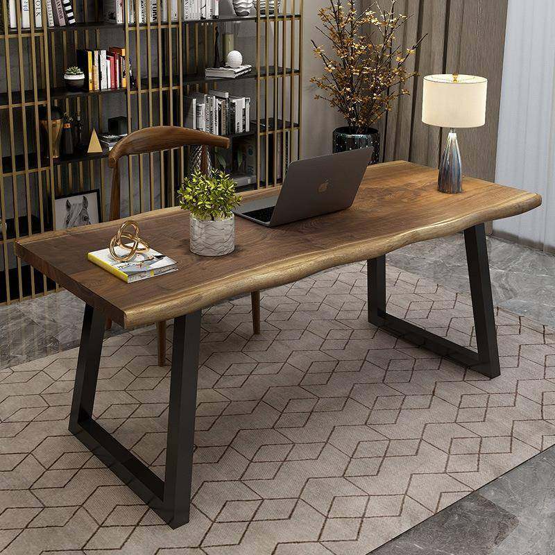 美式胡桃木色复古办公桌自然边整板实木单人桌简易家用学习电脑