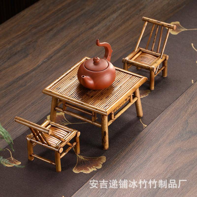迷你梅鹿竹工艺摆件竹制桌椅复古案几小桌子竹椅装饰收藏桌面文玩