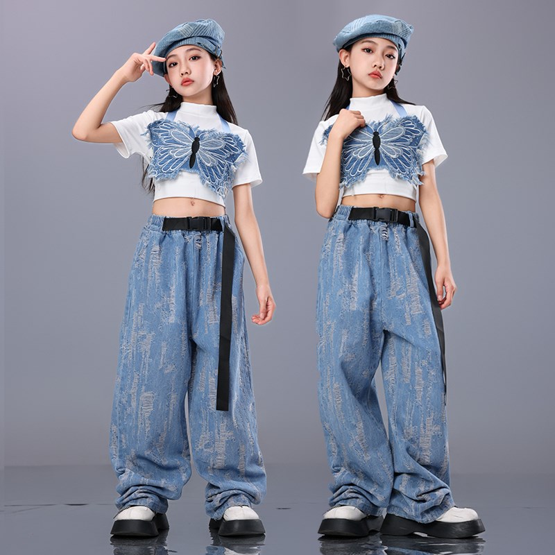 六一儿童演c出服女童爵士舞服装时尚牛仔蝴蝶套装模特t台走秀潮服