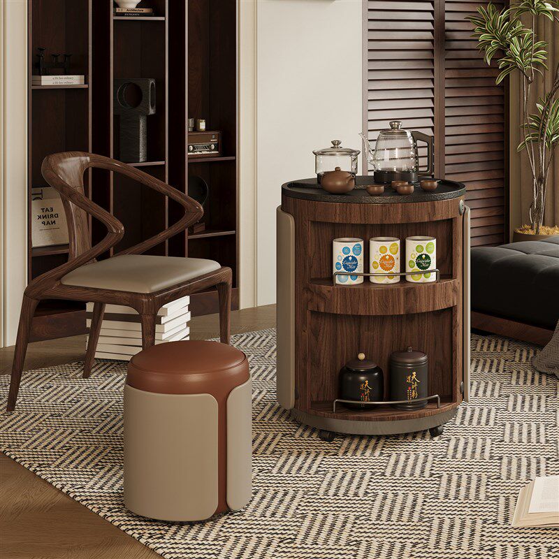 移动阳台小茶车简约火烧石茶几沙发边几小户型S新中古风木泡茶台