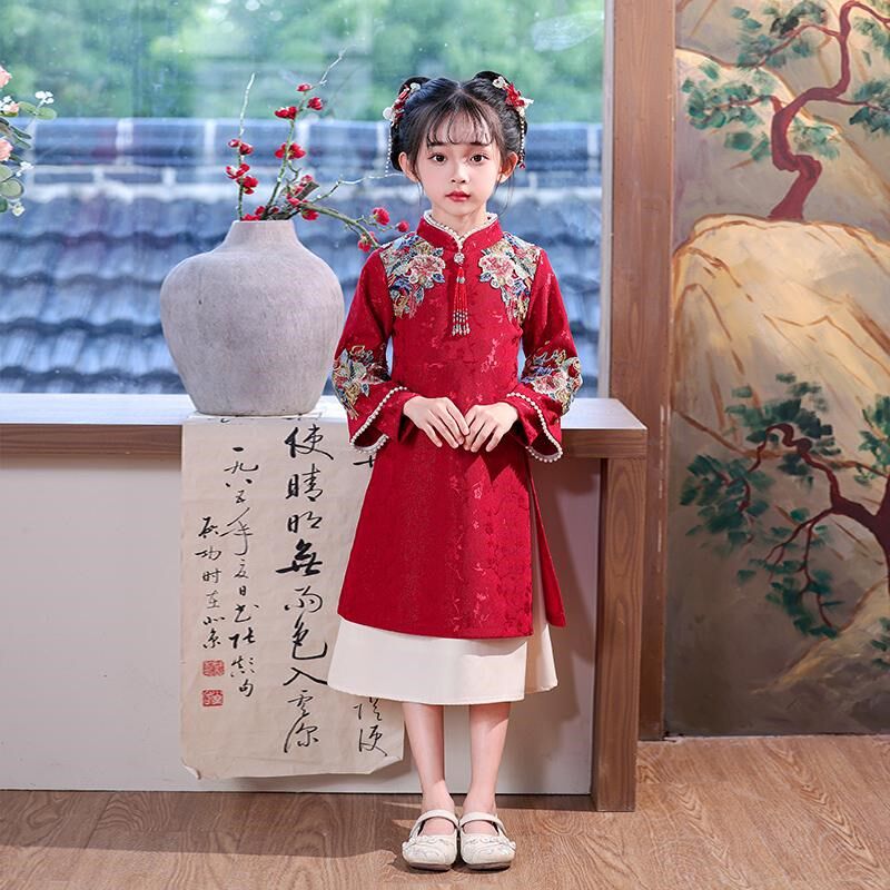 女童红色春秋季旗袍连衣裙2025新款小女孩N汉服秋冬儿童中式拜年