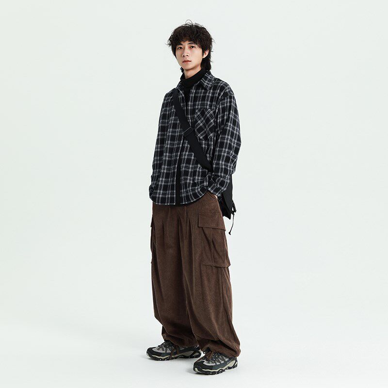 PasedlZHCP 日系通勤vintage复古格子衬衫男宽松休W闲长袖衬衣外
