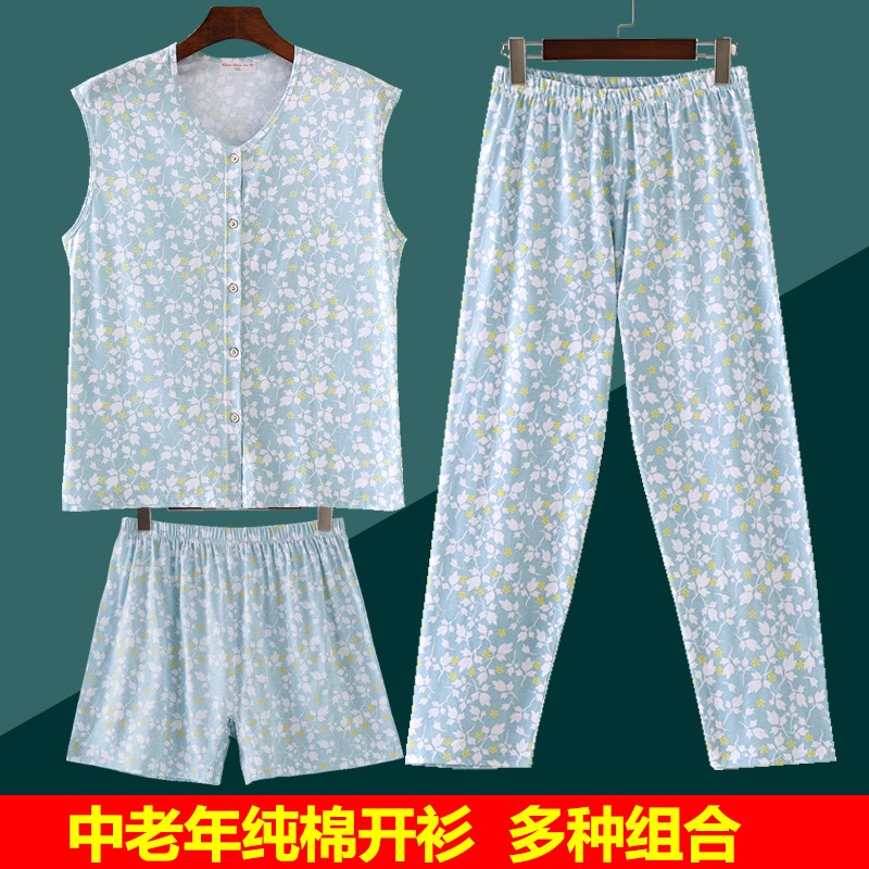 女士开衫短袖短裤家居服妈妈砍袖背心睡衣P睡裤老太太对襟大码