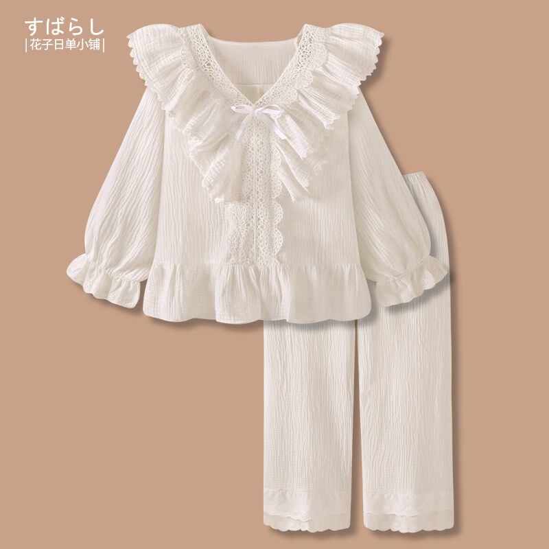 纯欲奶油复古宫廷风纯棉纱z布睡衣女春秋款显瘦大码甜美家居