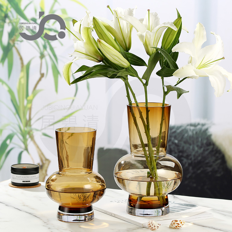 欧式简约小肚圈玻璃花瓶桌面插z花百合玫瑰富贵竹腊梅鲜花摆件客