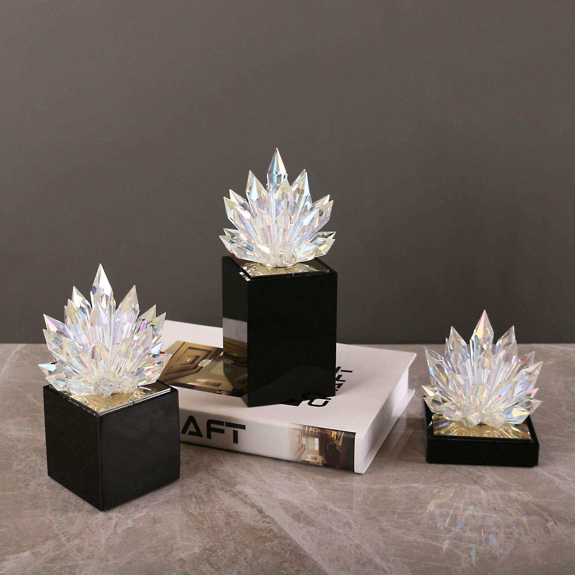 现代轻奢透明水晶莲花桌面摆件黑色水晶底座卧室客厅家居装饰品