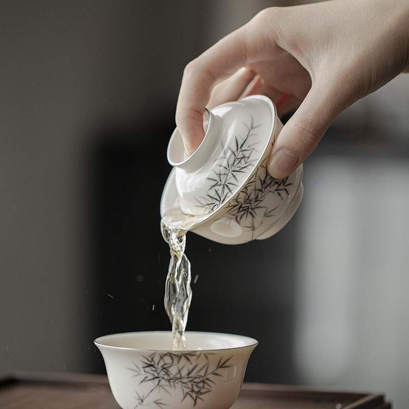 叁间手绘竹子盖碗茶杯套装小清新便携式收纳袋户外旅行茶具泡茶碗