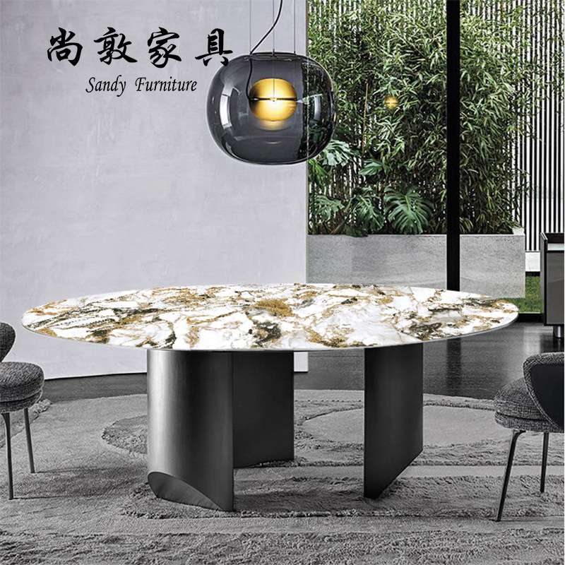 尚敦丨意式岩板餐桌圆形现代简约不锈钢轻奢大理石餐桌椅组合圆桌