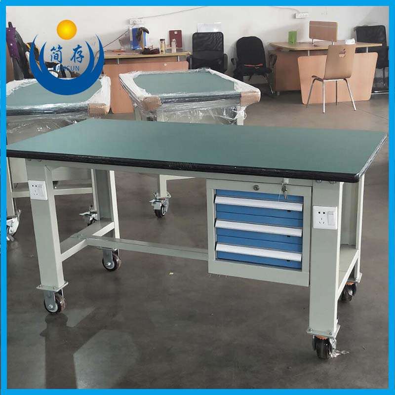 移动型三抽重型防静电工作台 吊柜绿色复合桌面钳工桌 铁板操作台