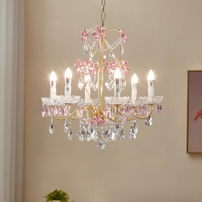 SY梦幻粉花瓣h水晶全铜吊灯欧法式奢华客厅复式公主女儿房间卧室