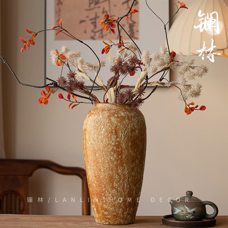 新中式现代简约小l清新花瓶干花可水培手工粗陶罐盆栽摆件土陶苏