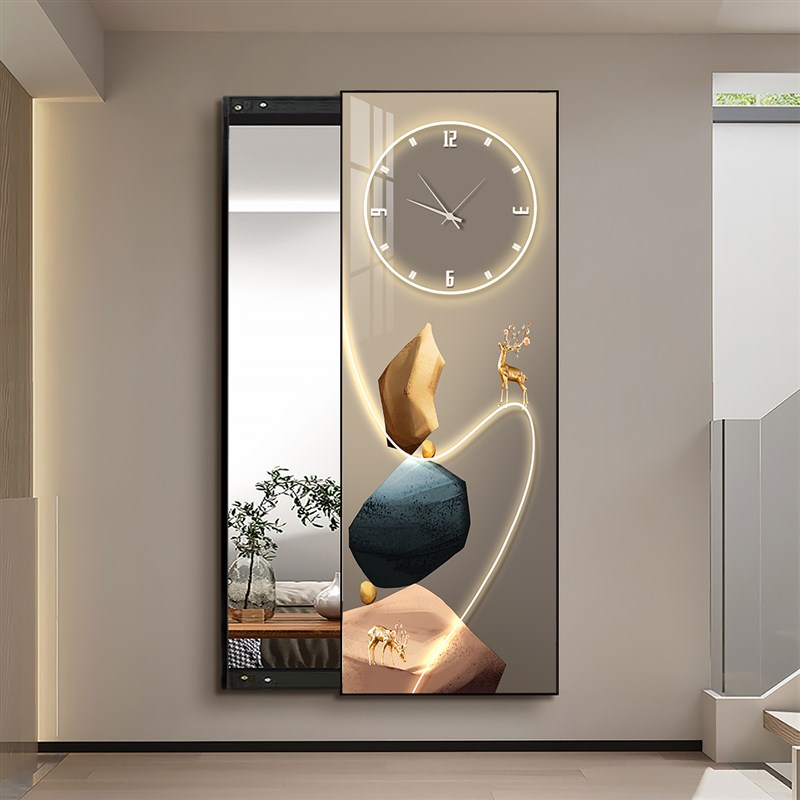 意式轻奢隐形全身镜推拉r隐藏式镜子带时钟挂钟表试衣镜壁挂穿衣