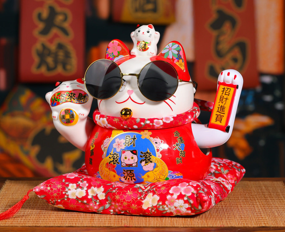 招财猫发财猫陶瓷红猫喜猫家居摆件创意日式发财猫存钱罐店铺开业