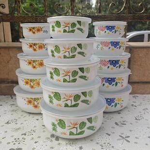 保鲜碗汤盆厨房家用汤碗泡面碗圆形饭盒水果碗 搪瓷碗带盖怀旧老式
