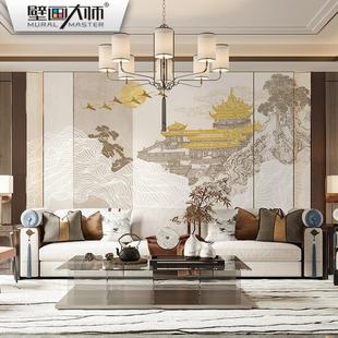 山水楼阁壁纸轻奢沙发背景墙壁布茶室饭店装 大气新中式 饰壁画2024