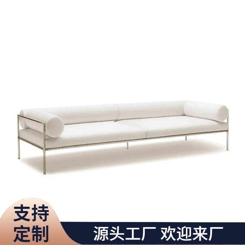 现代简约金属不锈钢布艺沙发单双人三人设计师样板房米白色沙发