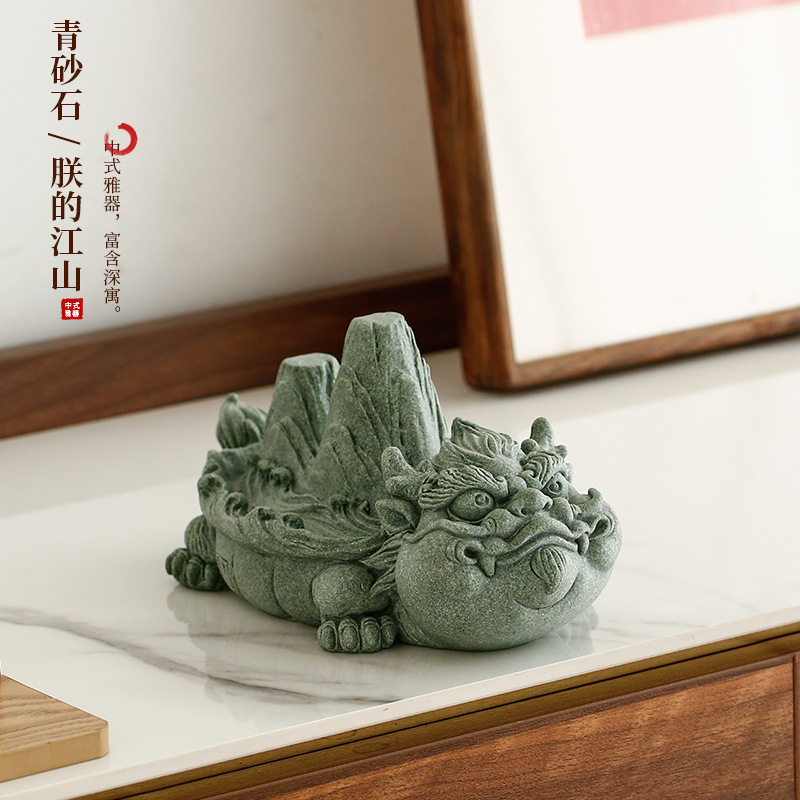 创意鱼缸装饰造景沉水瑞兽霸下新中式青砂石家居茶桌麒麟茶宠摆件