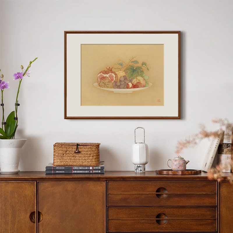 新中式玄关斗柜摆画花鸟荔枝原木风餐厅墙画石榴葡萄中古风装饰画