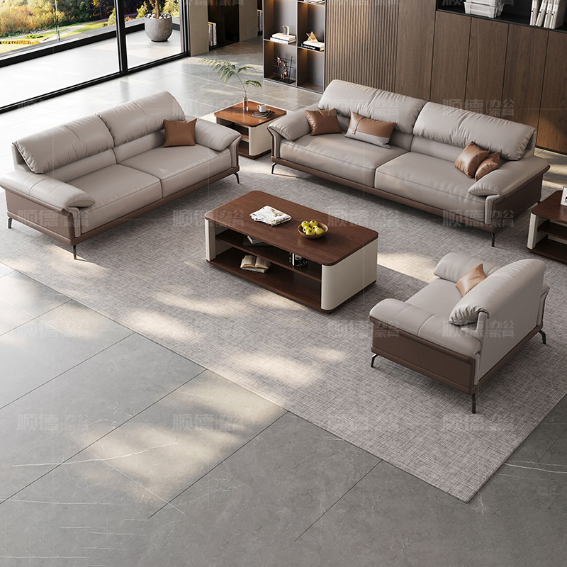 办公沙发茶几组合现代简约老板办公室商务接待会客三人位真皮沙发