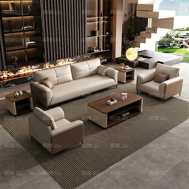 办公室沙发茶几组合简约现代商务会客洽谈接待室休息区真皮三人位