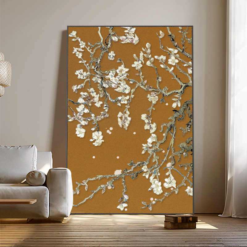 法式复古杏花纯手绘油画抽象丙烯中古客厅装饰画卧室餐厅小众挂画图片