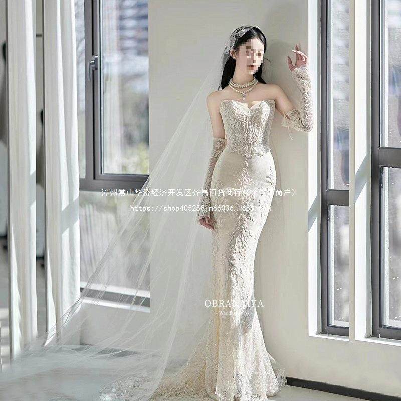 多瑙河抹胸长袖法式鱼尾新娘主婚纱复古蕾丝出门迎宾轻婚纱小个子,女装/女士精品,婚纱,淘宝优惠券,粉丝福利购,淘宝优惠卷