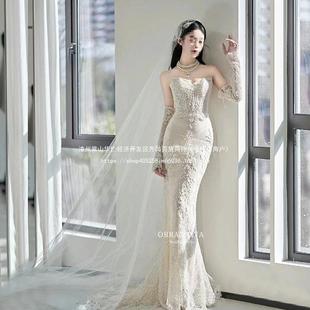 多瑙河抹胸长袖法式鱼尾新娘主婚纱复古蕾丝出门迎宾轻婚纱小个子