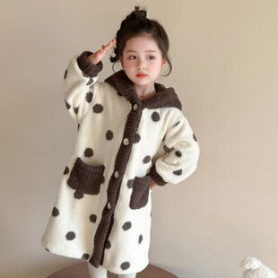 睡衣女童2025新款冬季半边绒儿童睡袍洋气连帽加绒长款宝宝家居服