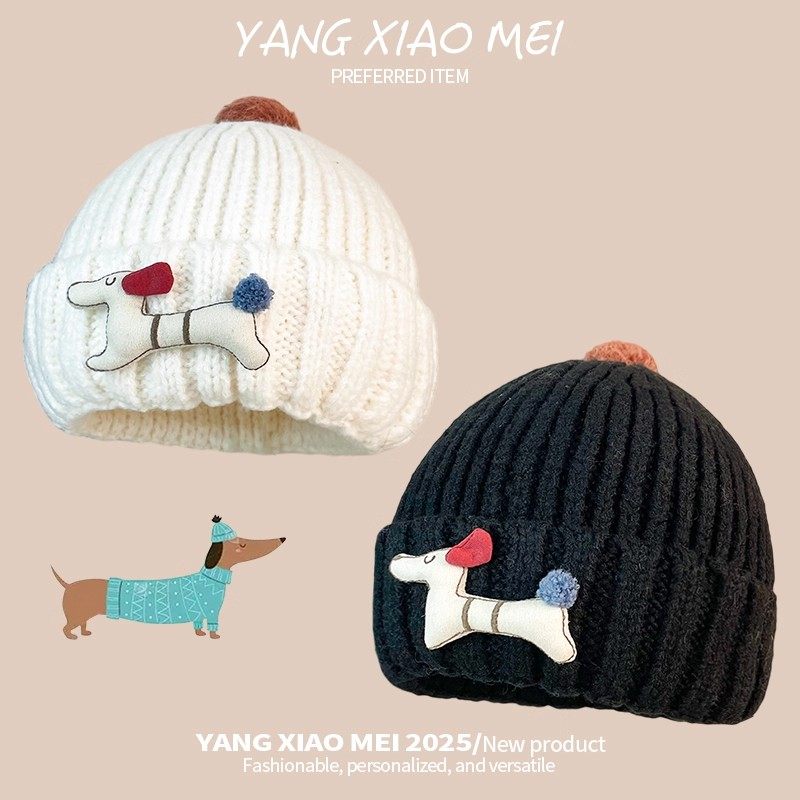 韩版卡通腊肠狗针织帽子女秋冬季可爱毛球护耳毛线帽学生保暖冷帽