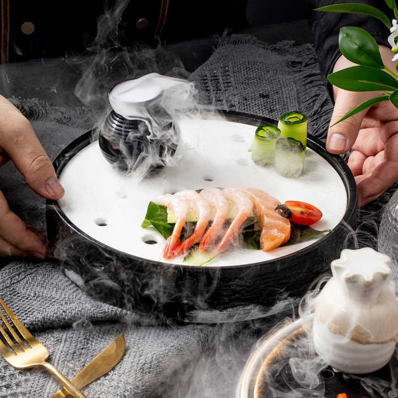 商用干冰盘餐具意境菜创意融合菜盘圆形黑白干冰容器特色盘私房菜