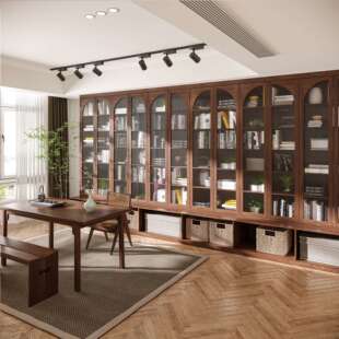 黑胡桃木全实木满墙书柜带卡座拱形玻璃门客厅樱桃木组合收纳书架