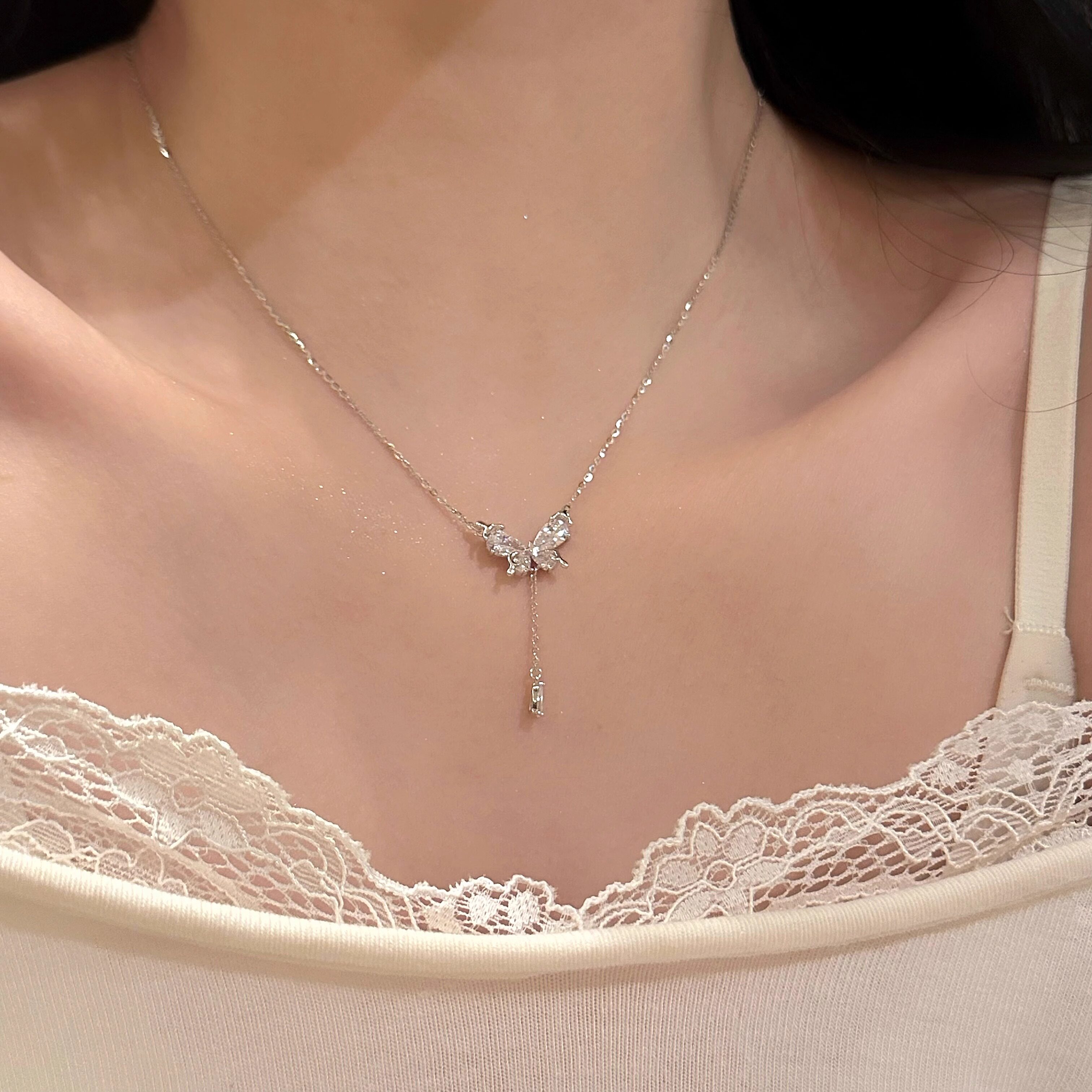 999纯银蝴蝶流苏项链女小众设计高级感百搭锁骨链生日礼物送闺蜜