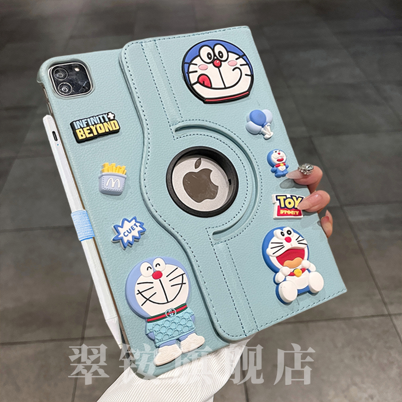 卡通叮当猫360旋转皮套适用ipad壳pro11保护套10.2新款Air6苹果mini7平板套air5/4翻盖式10.9笔槽9.7寸防摔壳