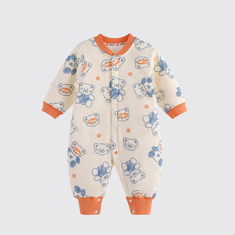 婴幼儿春季新款40克无骨连体衣长爬男女宝薄棉袖透气哈衣爬服清新