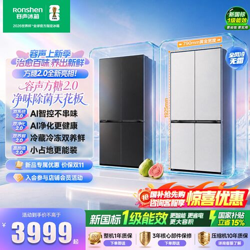 容声方糖【2.0】505L升双净双系统十字双开门超薄嵌入式家用冰箱