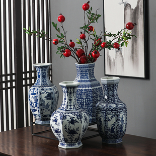 仿古手绘青花瓷花瓶摆件中式古香古色客厅陶瓷花瓶新中式花瓶摆件