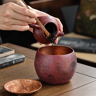 纯手工复古紫铜建水茶洗茶渣缸水盂带盖养壶承水洗桌面茶渣收纳