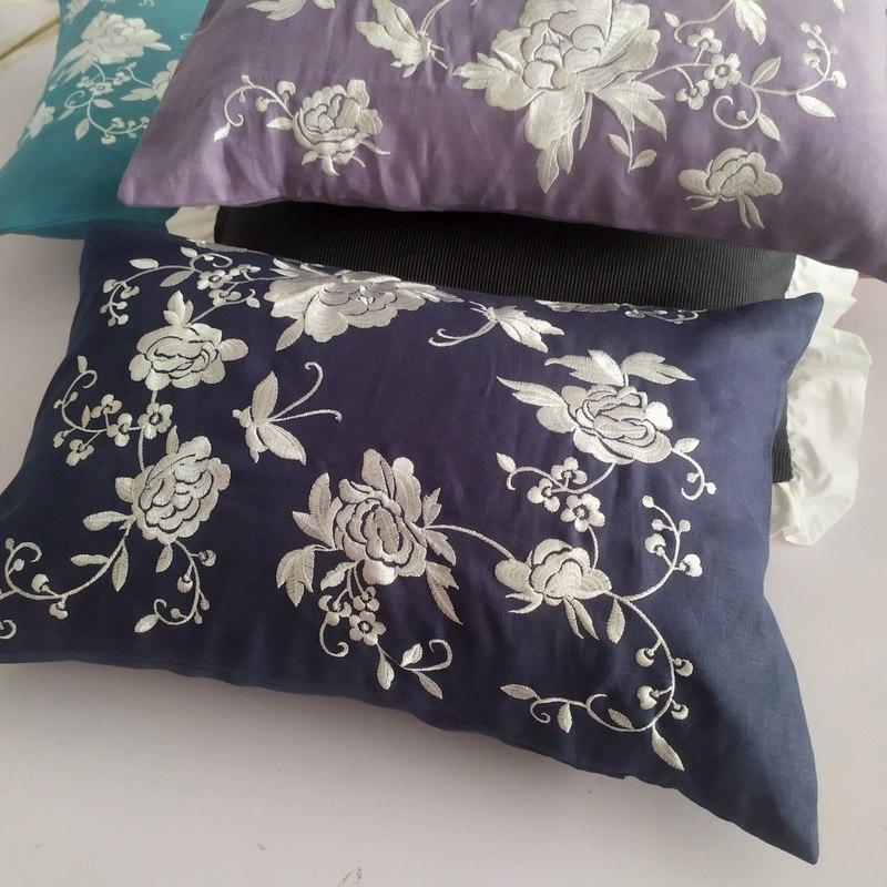 纯亚麻满工绣花腰枕抱枕35x50cm刺绣沙发套汽车