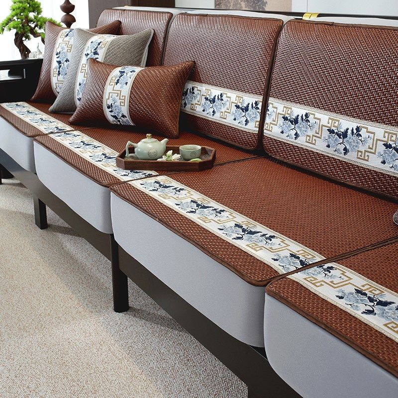 实木沙发凉席坐垫全包沙发套罩笠夏天中式沙发垫夏季藤席座垫套子