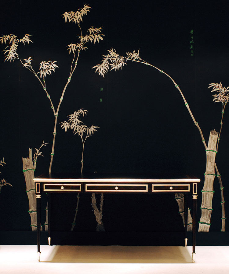 真丝手绘丝绸墙纸金粉竹子真丝手绘壁布黑色