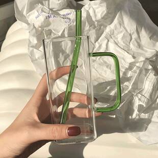 方形玻璃杯带把手家用女高颜值可爱玻璃杯情侣吸管水杯调酒杯子