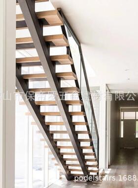 双梁钢结构楼梯钢木木玻璃护洁栏黑色原风简现扶代风QYD手栏杆