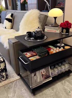 法式实木ECA边几可升降移动沙岩板几客厅茶黑色巴士小发推车折叠