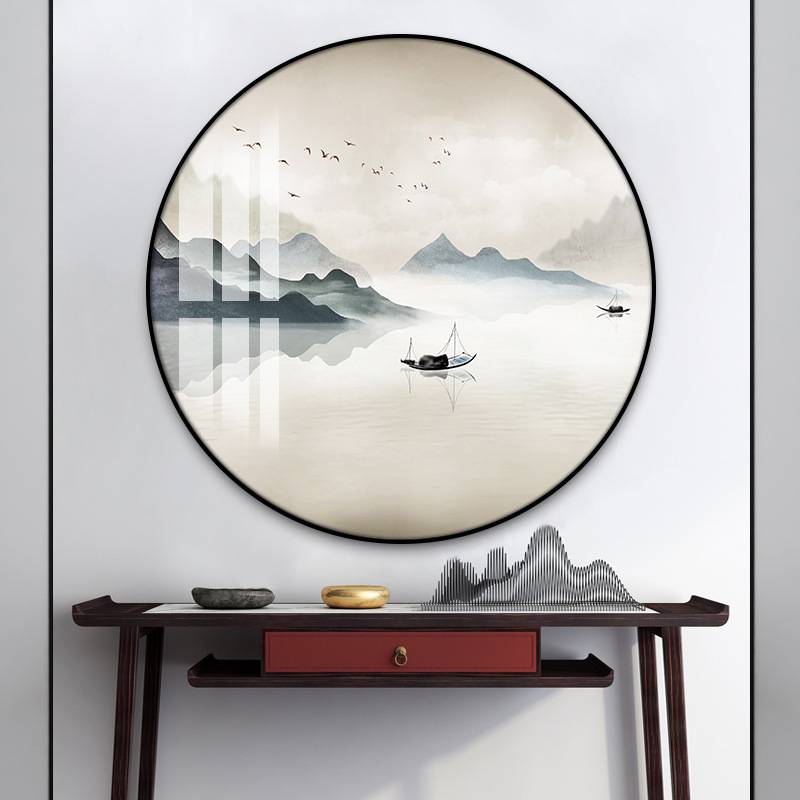 新中式入户玄关装饰画圆形山水画灯画客厅风景画走廊过道茶室挂画图片