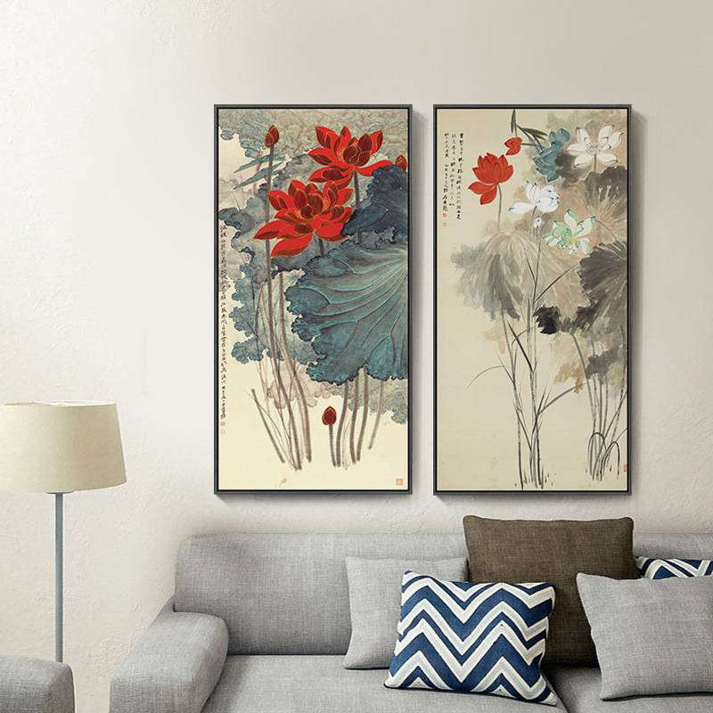 必画 新中式玄关装饰画竖版走廊挂画新中式书房办公室张大千荷花图片