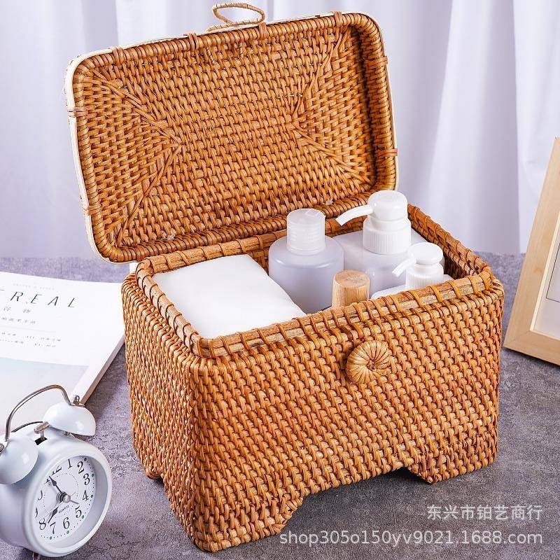 越南藤编收纳筐日式编织箱带盖车载后备箱储物框衣服整理箱大