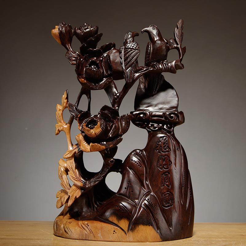 黑檀木雕花好月LIC艺圆摆件艺喜上眉梢喜鹊花家鸟雕刻工品居装饰