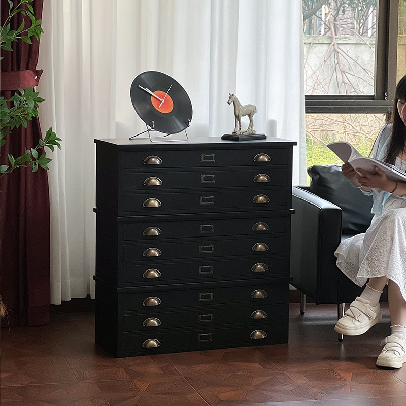 闻森家居简约黑色实木斗柜u高级感卧室收纳置物客厅沙发抽屉储物