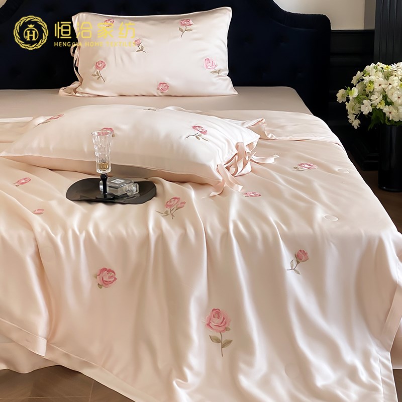 夏季双面莱赛尔夏凉被四件套少女玫瑰刺绣可水洗S凉感空调被香槟